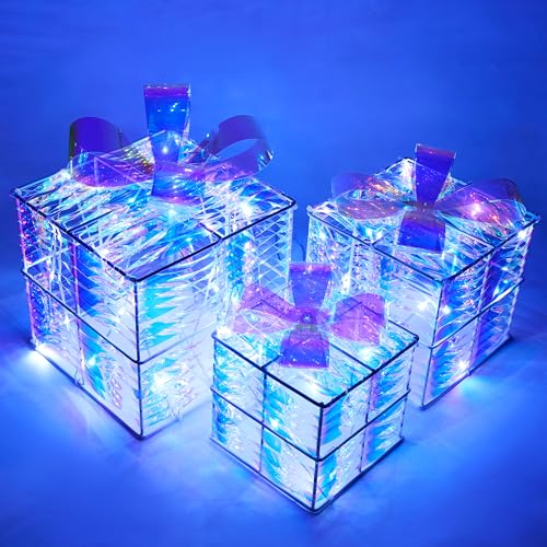 Iridescent Christmas Lighted Gift Boxes Set of 3 - Light Up Holiday Decor