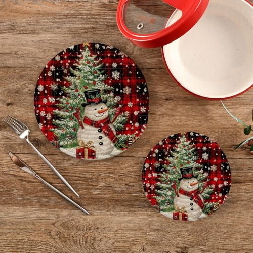 Snowman Christmas Tree Trivet Mat Set - Red Black Plaid Woven Hot Pads