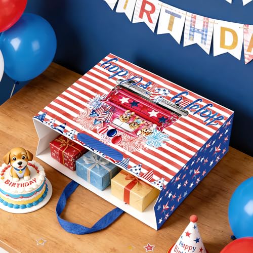 Large Patriotic Dog Birthday Gift Bag with Tissue Paper - 13"