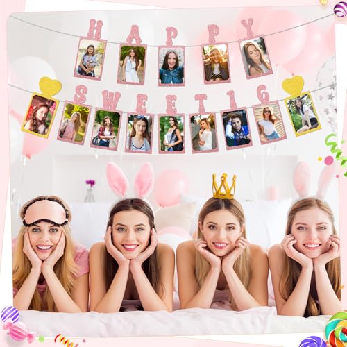 Happy Sweet 16 Birthday Photo Banner - Pre-Strung Glitter Decor