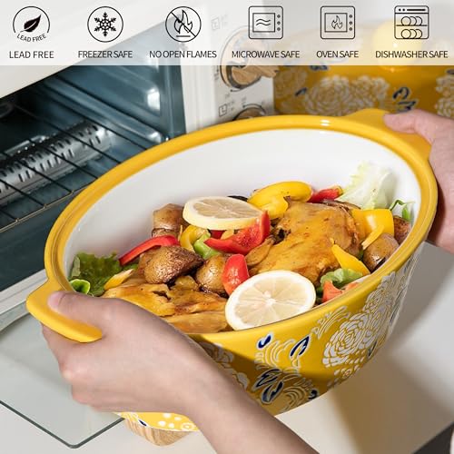 Yellow Ceramic Casserole Dish with Lid - Oven Safe Baking Pan for Cooking & Serving