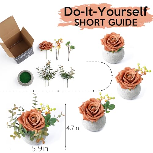 mizii DIY Artificial Orange Silk Rose Potted Plant Kit with Vase