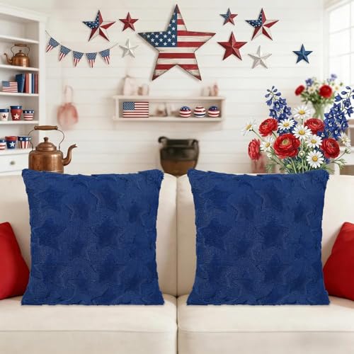 4th of July Pillow Covers Set of 2 - 18x18 Blue Star Design