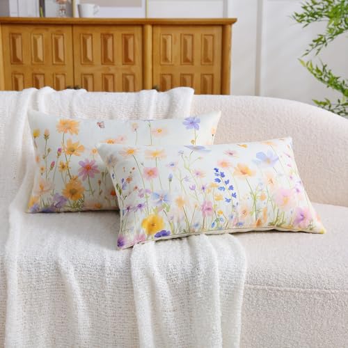 Floral Lumbar Pillow Covers - Set of 2, 12x20 Inch Daisy Design for Sofa & Patio