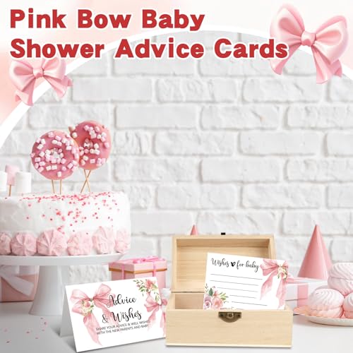 50 PCS Pink Bow Baby Shower Advice Cards with Wooden Keepsake Box