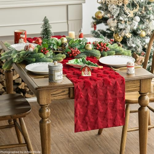 Christmas Tree Table Runner 13x48 Inch Red Plush Faux Fur Holiday Decor