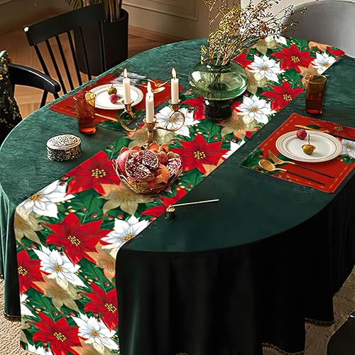 Christmas Poinsettia Table Runner 13x48 Inch Burlap Holiday Decor for Home & Kitchen