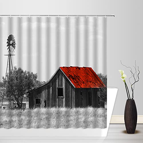 Rustic Farmhouse Barn Shower Curtain - Gray Red Vintage Country 71x71