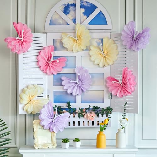 12PCS Butterfly Tissue Paper Pom Poms - Khaki, Pink & Purple Decorations