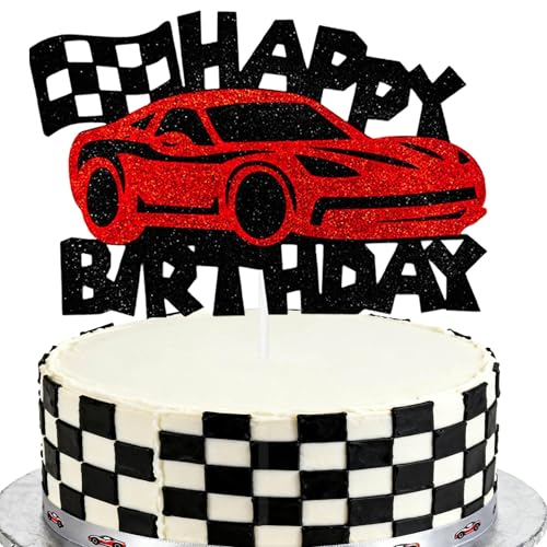 Race Car Birthday Cake Topper - Red Glitter Racing Theme Decor