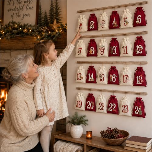 Christmas Advent Calendar Bags - Red & White, 24 Count Holiday Countdown Decor