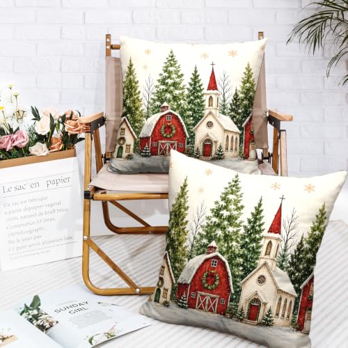 Xmas Snowy Village Christmas Pillow Covers 18x18 Set of 2 - Holiday Decor