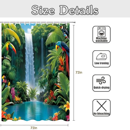 DLRIUAZEP Tropical Jungle Shower Curtain Set 72x72 Inches with Waterfall Parrots & Palm Trees - Variation 305