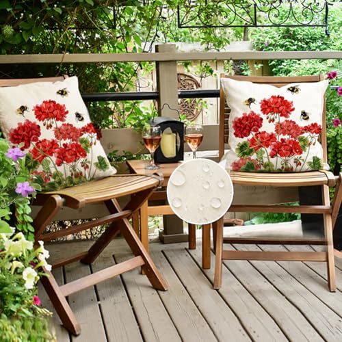 RABUSOFA Waterproof Outdoor Pillow Cover 20x20 Red Geranium & Bees Spring Summer Decor
