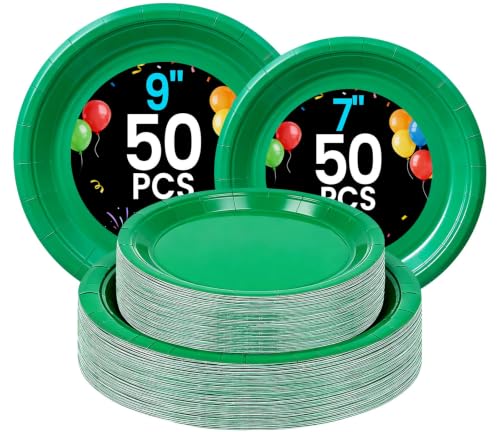 LANLISA Green Disposable Paper Plates Set 100 Count - 50 7-Inch & 50 9-Inch