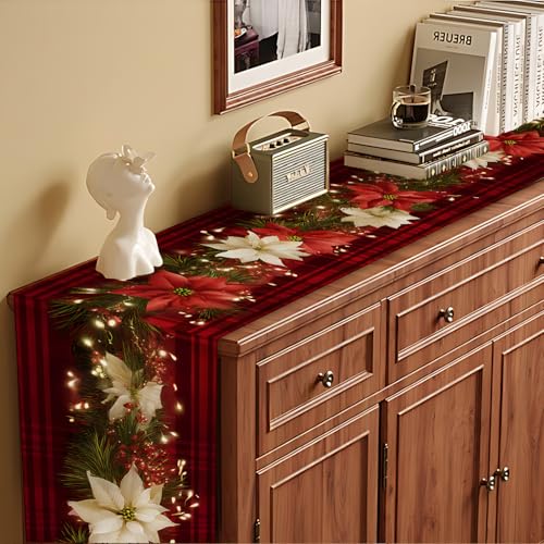 Christmas Table Runners and Placemats Set of 6 with Poinsettia - Red Plaid Holiday Decor 124
