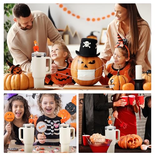Cute Orange Halloween Bucket Straw Covers for Stanley Cup - Ghost & Skull Toppers for 30 & 40 OZ 10mm Straws