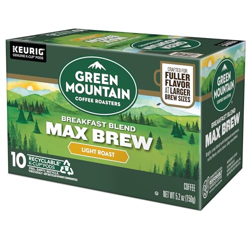 Green Mountain Coffee Roasters Breakfast Blend Max Brew, Single Serve Keurig K-Cup Pods, Light Roast Coffee, 60-Count Box (6 Packs of 10)