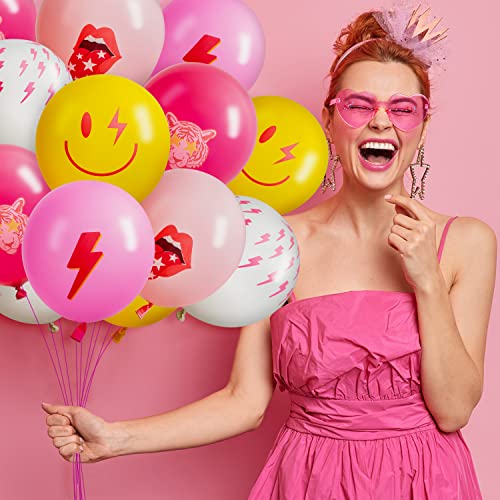 50Pcs Hot Pink Y2K Party Balloons with Smile Faces & Lightning