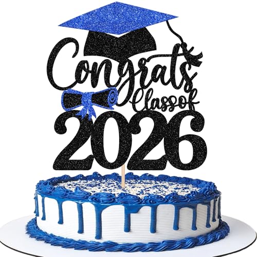 Congrats Grad 2026 Cake Topper Blue Glitter Graduation Party Decoration