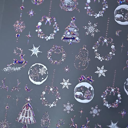 5D Embossed Christmas Nail Stickers Pink Snowflake Tree Nail Decals