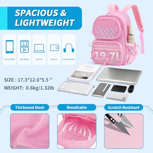 MUSEVOS Pink Mesh Backpack, Large See-Through Stadium Approved Bookbag