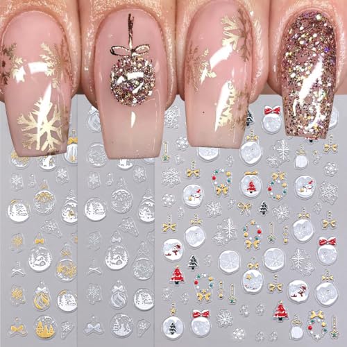 Christmas 5D Embossed Nail Stickers - 3 Sheets Winter Snowflake Decals