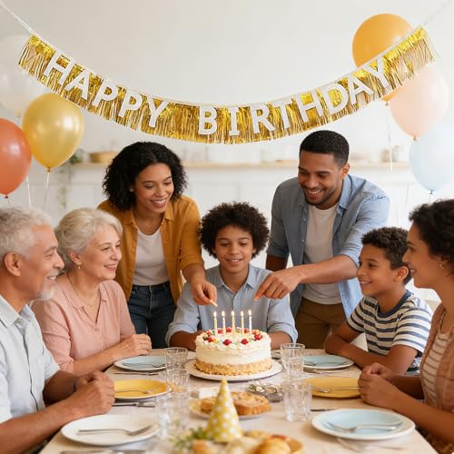 Happy Birthday Banner Kit with Gold Tinsel Curtains - 138 Inch