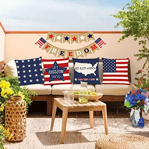 4th of July Throw Pillow Covers 18x18 Set 4 Patriotic American Flag