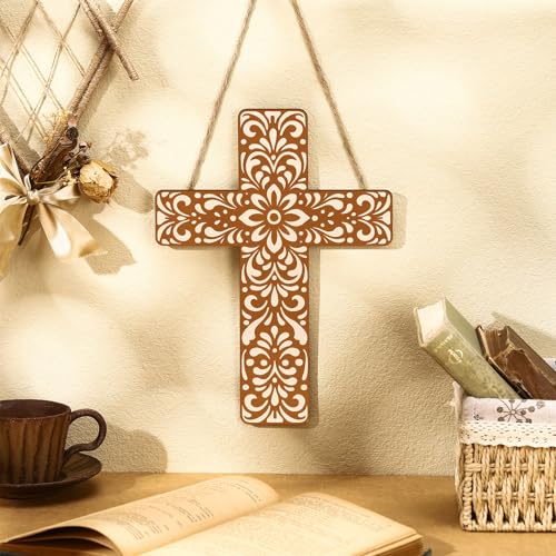 Maitys Floral Cross Wall Decor, Mexican Talavera Tile Pattern, 12-Inch