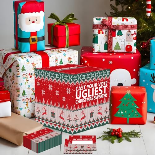 Christmas Ugly Sweater Contest Ballot Box Set with 50 Cards