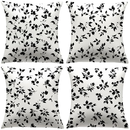 Black Floral 18x18 Inch Set of 4 Vintage Pillow Covers for Sofa & Living Room