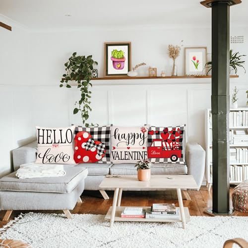 Geefuun 4-Piece Valentine’s Day Checked Throw Pillow Covers, 18x18 Inches