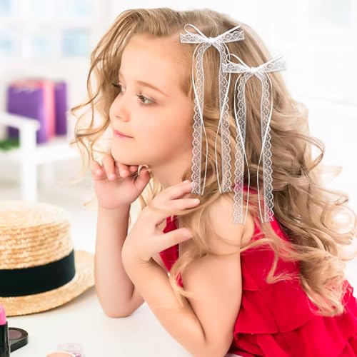 White Lace Hair Bow Clips with Long Tail Coquette Hair Accessories 2 Pcs