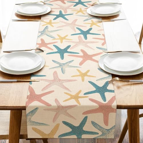 Coastal Starfish Table Runner - Colorful Beach Decor, 13" x 72"