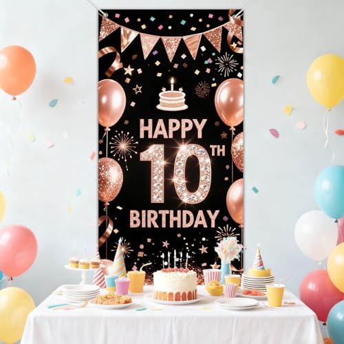 10th Birthday Door Cover - Rose Gold & Black Party Banner 71x35"