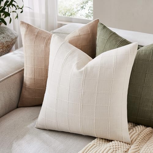 ZeeMart 18x18 Ivory Checked Throw Pillow Covers, Set of 2 Farmhouse Grid