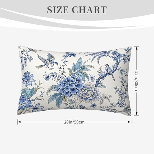 GSRONY Chinoiserie Blue Bird Lumbar Pillow Cover, 12x20 Inch Cotton Linen
