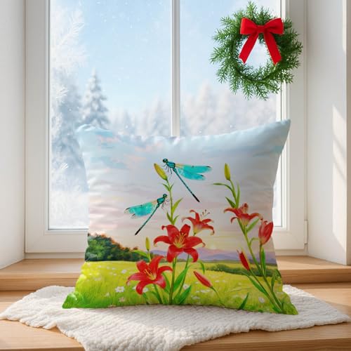 Spring Dragonfly Throw Pillow Covers 18x18 Red Floral Decorative Cushion