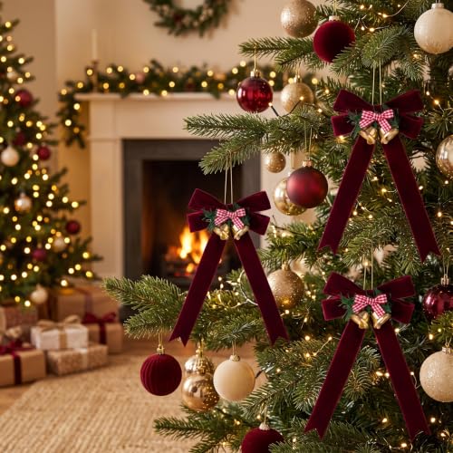 Burgundy Velvet Ribbon Bow Christmas Tree Ornaments with Brass Bells - 2 Pcs