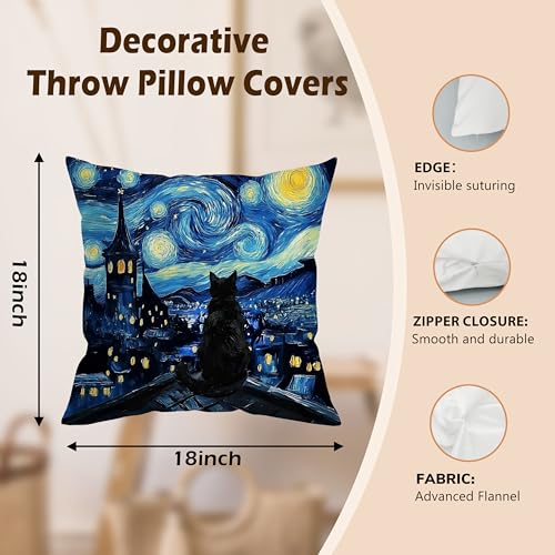 BILLAION Black Cat Throw Pillow Cover 18x18 - Star Sky Night & Mystical Design