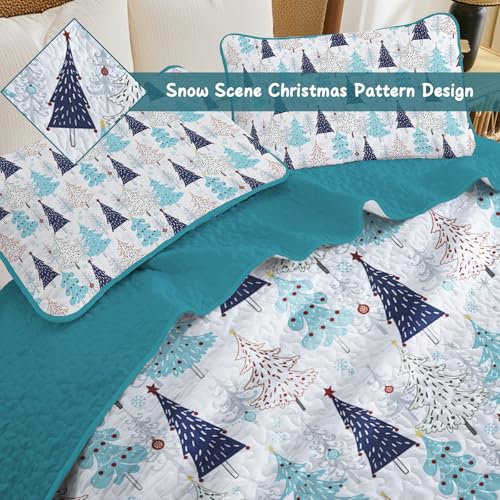 Queen Christmas Quilt Set Blue Xmas Tree 3-Piece Bedding with Pillow Shams - Queen Size