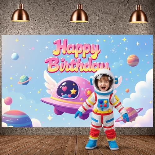 Pink Space Birthday Backdrop Galaxy Planet Rocket Party Banner 35x70
