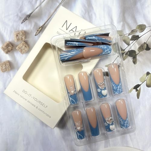 Long Blue French Press On Nails with Heart and Pearl Rhinestones