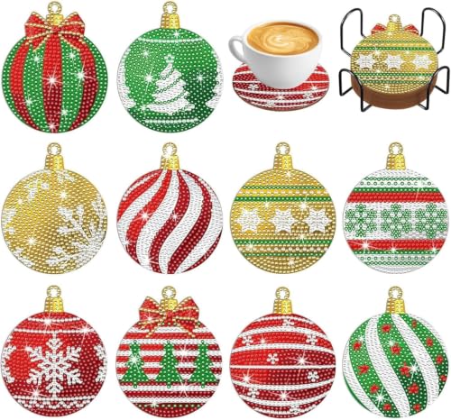 Multicolor Christmas Diamond Art Coasters Kit with Stand - 10 Pcs DIY Holiday Decor