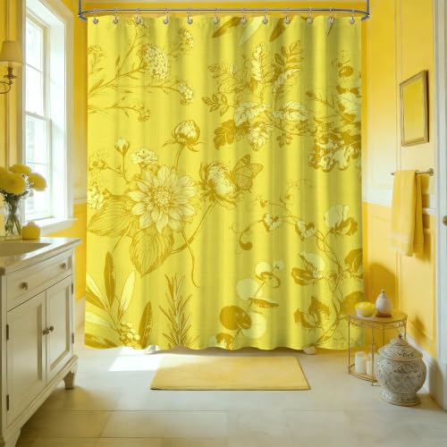 Mustard Yellow Vintage Botanical Shower Curtain - 72x72 in, Waterproof Polyester with Floral Design