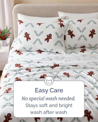 Christmas Flannel Bed Sheet Set Queen Size Gingerbread Pattern - Extra Soft Cotton