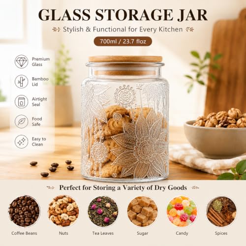Custde Vintage Sunflower Glass Jar, 23.7oz Airtight Bamboo Lid Container