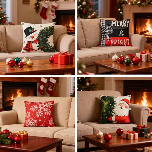 Haundry 4-Piece Christmas Pillow Covers, 18x18 Inch Red & White Holiday Set