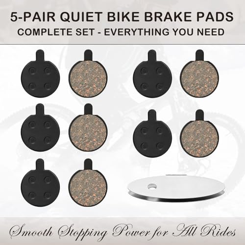5 Pairs Bike Brake Pads, Low Noise Disc Brake Pads for Mountain Bicycles, Ebikes, Scooters - Semi-Metallic Resin Braking Pads Kit with Smooth Performance and Easy Installation